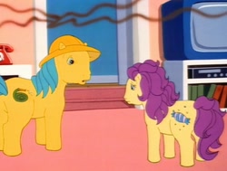 Size: 1429x1080 | Tagged: safe, screencap, bon bon (g1), bon bon's father, earth pony, pony, g1, my little pony tales, too sick to notice, blue hair, butt, father and child, father and daughter, female, fire, garden hose, indoors, male, out of context, phone, plot, purple hair, rainhat, sad, smoke, stallion, television, yellow coat