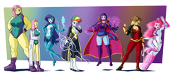 Size: 1280x554 | Tagged: safe, artist:new-ereon, applejack, fili-second, fluttershy, mistress marevelous, pinkie pie, radiance, rainbow dash, rarity, saddle rager, twilight sparkle, zapp, human, equestria girls, g4, absolute cleavage, alternate hairstyle, blushing, boots, breasts, busty applejack, busty fluttershy, busty pinkie pie, busty rainbow dash, cleavage, clothes, commission, costume, crossed arms, crossover, dc comics, doctor strange, duality, female, fingerless gloves, fist, flutterhulk, full body, glasses, gloves, gradient background, hand on hip, humane five, humane six, jacket, lab coat, lasso, leotard, lightning, looking at you, marvel, mohawk, muscles, muscleshy, muscular female, pants, ponytail, power ponies, raised eyebrow, rope, runes, scrunchie, self paradox, she-hulk, shoes, simple background, smiling, smiling at you, smirk, sorcerer supreme, sorceress, standing, superhero, thigh boots, tight clothing, wall of tags, wonder woman