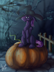 Size: 3000x4000 | Tagged: safe, artist:stirren, oc, oc only, pony, unicorn, commission, cute, female, fence, halloween, hat, holiday, looking at you, multislot, pumpkin, sitting, solo, witch hat, ych result