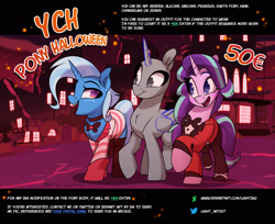 Size: 2500x2044 | Tagged: safe, artist:light262, starlight glimmer, trixie, pony, unicorn, g4, angel dust (hazbin hotel), charlie morningstar, clothes, costume, demon costume, eye clipping through hair, female, halloween, halloween costume, hazbin hotel, hellaverse, high res, holiday, horn, mare, open mouth, open smile, ponyville, smiling, spider costume, that's entertainment, wings, ych example, your character here