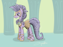 Size: 2732x2048 | Tagged: safe, artist:turtletroutstudios, terri belle, earth pony, pony, thracian, g4, armor, braid, clothes, female, helmet, high res, hoof shoes, indoors, mare, skirt, solo