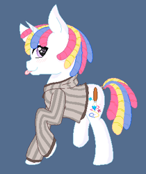 Size: 322x384 | Tagged: safe, artist:mana minori, oc, oc only, pony, unicorn, clothes, colt, cute, design, hip, male, mane, paintbrush, rainbow, solo, stripes, sweater, tail, tongue out