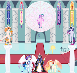 Size: 1826x1734 | Tagged: safe, artist:mana minori, princess celestia, princess luna, star dreams, twilight sparkle, horse, pony, semi-anthro, g4, arm hooves, banners, bipedal, cardcaptor, carpet, cherry blossoms, flower, flower blossom, kerberos, magic, pillar, staff, stairs, wings, yue