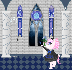 Size: 1264x1240 | Tagged: safe, artist:mana minori, pony, anthro, black, blue, castle, clothes, curls, dress, flower, gothic, lolita fashion, moi meme moitie, moitie, pillar, pink, rose, swirls