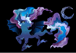 Size: 1206x851 | Tagged: safe, artist:mana minori, princess luna, bat, pony, g4, black, black background, blue, moon, night, simple background, solo, style, wings