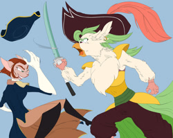 Size: 1280x1021 | Tagged: safe, artist:mana minori, captain celaeno, bird, cat, ornithian, anthro, g4, captain, captain amelia, crossover, cutlass, duel, fight, parrot pirates, pirate, sword, treasure planet, weapon