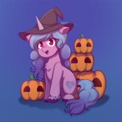 Size: 1920x1920 | Tagged: safe, alternate version, artist:splatturp, izzy moonbow, pony, unicorn, g5, my little pony: a new generation, backwards cutie mark, bracelet, chest fluff, female, halloween, hat, holiday, horn, jewelry, mare, open mouth, pumpkin, sitting, solo, unshorn fetlocks, witch hat