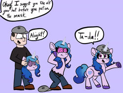 Size: 1280x960 | Tagged: safe, artist:timberwoofarts, izzy moonbow, goo, human, pony, unicorn, g5, my little pony: a new generation, commission, dialogue, female, hat, horn, horn impalement, human male, human to pony, hypno eyes, hypnosis, kaa eyes, male, male to female, mare, mask, purple background, rule 63, sequence, simple background, speech bubble, transformation, transformation sequence, transgender transformation