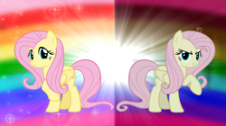 Size: 5360x3008 | Tagged: safe, artist:andoanimalia, fluttershy, mean fluttershy, pegasus, pony, g4, the mean 6, clone, cute, detailed background, duo, duo female, evil smile, female, grin, looking at you, mare, messy mane, rainbow background, shyabetes, smiling, sparkles