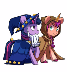 Size: 2560x2791 | Tagged: safe, artist:chub-wub, part of a set, sunny starscout, twilight sparkle, alicorn, earth pony, pony, unicorn, g5, my little pony: a new generation, clothes, clover the clever's cloak, coat markings, costume, duo, halloween, halloween costume, high res, holiday, simple background, socks (coat markings), star swirl the bearded costume, sunny and her heroine, twilight sparkle (alicorn), white background