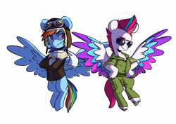 Size: 3947x2791 | Tagged: safe, artist:chub-wub, part of a set, rainbow dash, zipp storm, pegasus, pony, g4, g5, my little pony: a new generation, aviator goggles, aviator hat, bomber jacket, clothes, costume, duo, goggles, halloween, halloween costume, hat, high res, holiday, jacket, scarf, simple background, sunglasses, uniform, white background