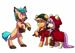 Size: 3947x2791 | Tagged: safe, artist:chub-wub, part of a set, applejack, fluttershy, hitch trailblazer, earth pony, pegasus, pony, unicorn, werewolf, g4, g5, my little pony: a new generation, animal costume, big bad wolf, clothes, costume, freckles, halloween, halloween costume, high res, holiday, little red riding hood, lumberjack, open mouth, rearing, simple background, trio, white background, wolf costume