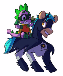 Size: 2307x2791 | Tagged: safe, artist:chub-wub, part of a set, hitch trailblazer, spike, dragon, earth pony, pony, g4, g5, my little pony: a new generation, batman, clothes, costume, cute, dragons riding ponies, duo, duo male, halloween, halloween costume, high res, hitchbetes, holiday, male, mask, open mouth, riding, riding a pony, robin, simple background, spikabetes, stallion, white background