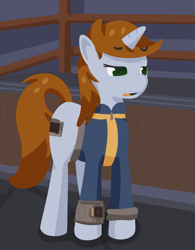 Size: 837x1073 | Tagged: safe, artist:toshimatsu, derpibooru exclusive, oc, oc:littlepip, pony, unicorn, fallout equestria, clothes, eyes open, fanfic, fanfic art, female, green eyes, hooves, horn, jumpsuit, mare, pipbuck, raised eyebrow, solo, tail, vault suit