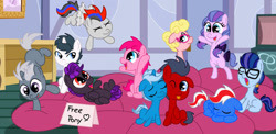 Size: 1280x623 | Tagged: safe, artist:purple-cat-365, artist:small-brooke1998, alphabittle blossomforth, argyle starshine, phyllis cloverleaf, queen haven, earth pony, pegasus, pony, unicorn, g5, base used, bipedal, crossover, eyes closed, one eye closed, tongue out, younger