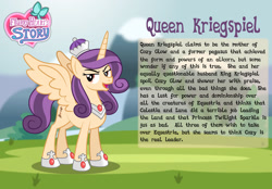 Size: 1280x893 | Tagged: safe, artist:aleximusprime, oc, oc:queen kriegspiel, alicorn, pony, dream of alicornication, flurry heart's story, alicorn oc, bio card, cozy glow's mother, crown, female, hoof shoes, horn, jewelry, open mouth, regalia, wings