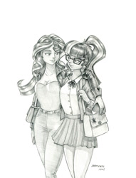 Size: 1000x1309 | Tagged: safe, artist:baron engel, sci-twi, sunset shimmer, twilight sparkle, equestria girls, g4, breasts, busty sunset shimmer, clothes, duo, female, glasses, grayscale, monochrome, pants, pencil drawing, purse, shoulder bag, signature, skirt, traditional art