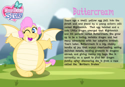 Size: 1280x893 | Tagged: safe, artist:aleximusprime, oc, oc:buttercream, oc:buttercream the dragon, dragon, flurry heart's story, belly, big belly, bio card, cheerful, cute, dragon oc, dragon wings, dragoness, excited, fat, female, flurry hearts story, happy, heart shaped, one eye closed, open mouth, solo, thick, wings