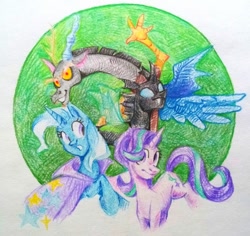 Size: 640x604 | Tagged: safe, artist:efimza, discord, starlight glimmer, thorax, trixie, changedling, changeling, draconequus, pony, unicorn, g4, cape, clothes, coloring, drawing, female, male, reformed four, simple background, traditional art, trixie's cape