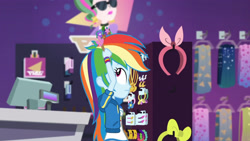 Size: 3410x1920 | Tagged: safe, screencap, rainbow dash, dashing through the mall, equestria girls, equestria girls specials, g4, my little pony equestria girls: better together, my little pony equestria girls: holidays unwrapped, clothes, cutie mark, cutie mark on clothes, female, geode of super speed, high res, hoodie, jewelry, magical geodes, necklace, solo