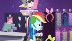Size: 3410x1920 | Tagged: safe, screencap, rainbow dash, dashing through the mall, equestria girls, equestria girls series, holidays unwrapped, spoiler:eqg series (season 2), clothes, cutie mark, cutie mark on clothes, female, geode of super speed, high res, hoodie, jewelry, magical geodes, necklace, rainbow dash is not amused, solo, unamused