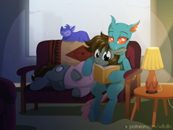 Size: 1600x1200 | Tagged: safe, artist:willoillo, oc, oc only, changeling, earth pony, pony, whirling mungtooth, book, changeling oc, clothes, commission, couch, earth pony oc, lamp, rain, sweater, window