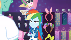 Size: 3410x1920 | Tagged: safe, screencap, rainbow dash, zephyr breeze, dashing through the mall, equestria girls, equestria girls series, holidays unwrapped, spoiler:eqg series (season 2), camera, clothes, crossed arms, cutie mark, cutie mark on clothes, female, geode of super speed, high res, hoodie, jewelry, magical geodes, male, necklace