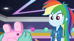 Size: 3410x1920 | Tagged: safe, screencap, rainbow dash, zephyr breeze, dashing through the mall, equestria girls, equestria girls specials, g4, my little pony equestria girls: better together, my little pony equestria girls: holidays unwrapped, camera, clothes, cutie mark, cutie mark on clothes, female, geode of super speed, high res, hoodie, jewelry, magical geodes, male, necklace, offscreen character