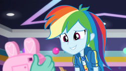 Size: 3410x1920 | Tagged: safe, screencap, rainbow dash, zephyr breeze, dashing through the mall, equestria girls, equestria girls specials, g4, my little pony equestria girls: better together, my little pony equestria girls: holidays unwrapped, camera, clothes, cutie mark, cutie mark on clothes, female, geode of super speed, high res, hoodie, jewelry, magical geodes, male, necklace, offscreen character, smiling