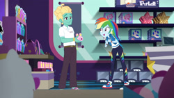 Size: 3410x1920 | Tagged: safe, screencap, rainbow dash, zephyr breeze, dashing through the mall, equestria girls, equestria girls series, g4, holidays unwrapped, spoiler:eqg series (season 2), camera, clothes, converse, cutie mark, cutie mark on clothes, female, geode of super speed, high res, hoodie, jewelry, magical geodes, male, necklace, open mouth, open smile, shoes, smiling, sneakers