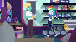 Size: 3410x1920 | Tagged: safe, screencap, rainbow dash, zephyr breeze, dashing through the mall, equestria girls, equestria girls specials, g4, my little pony equestria girls: better together, my little pony equestria girls: holidays unwrapped, camera, clothes, converse, cutie mark, cutie mark on clothes, eyes closed, female, geode of super speed, high res, hoodie, jewelry, magical geodes, male, necklace, shoes, smiling, sneakers