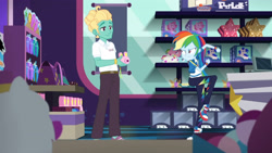 Size: 3410x1920 | Tagged: safe, screencap, rainbow dash, zephyr breeze, dashing through the mall, equestria girls, equestria girls specials, g4, my little pony equestria girls: better together, my little pony equestria girls: holidays unwrapped, camera, clothes, converse, cutie mark, cutie mark on clothes, female, geode of super speed, high res, hoodie, jewelry, magical geodes, male, necklace, shoes, smiling, sneakers