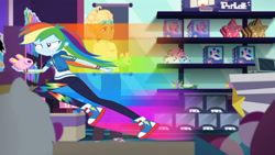 Size: 3410x1920 | Tagged: safe, screencap, rainbow dash, zephyr breeze, dashing through the mall, equestria girls, equestria girls specials, g4, my little pony equestria girls: better together, my little pony equestria girls: holidays unwrapped, camera, clothes, converse, cutie mark, cutie mark on clothes, female, geode of super speed, great moments in animation, high res, hoodie, jewelry, magical geodes, male, necklace, rainbow trail, shoes, smiling, sneakers