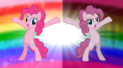 Size: 5360x3008 | Tagged: safe, artist:andoanimalia, mean pinkie pie, pinkie pie, earth pony, pony, g4, the mean 6, belly, bipedal, clone, detailed background, duo, duo female, female, looking at you, mare, messy mane, open mouth, rainbow background, sparkles, y pose