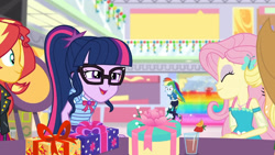 Size: 3410x1920 | Tagged: safe, screencap, applejack, fluttershy, rainbow dash, sci-twi, sunset shimmer, twilight sparkle, dashing through the mall, equestria girls, equestria girls specials, g4, my little pony equestria girls: better together, my little pony equestria girls: holidays unwrapped, applejack's hat, bowtie, clothes, cowboy hat, cutie mark, cutie mark on clothes, eyes closed, female, geode of fauna, geode of super speed, geode of telekinesis, glasses, hairpin, hat, high res, hoodie, jacket, jewelry, leather, leather jacket, magical geodes, necklace, open mouth, ponytail, rainbow trail, shoes, smiling, sneakers