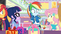 Size: 3410x1920 | Tagged: safe, screencap, applejack, fluttershy, rainbow dash, sci-twi, sunset shimmer, twilight sparkle, dashing through the mall, equestria girls, equestria girls specials, g4, my little pony equestria girls: better together, my little pony equestria girls: holidays unwrapped, applejack's hat, bowtie, clothes, cowboy hat, cutie mark, cutie mark on clothes, female, geode of fauna, geode of super speed, geode of telekinesis, glasses, hairpin, hat, high res, hoodie, jacket, jewelry, leather, leather jacket, magical geodes, necklace, ponytail, smiling