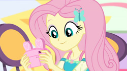 Size: 3410x1920 | Tagged: safe, screencap, fluttershy, dashing through the mall, equestria girls, equestria girls specials, g4, my little pony equestria girls: better together, my little pony equestria girls: holidays unwrapped, camera, female, geode of fauna, hairpin, high res, jewelry, magical geodes, necklace, smiling, solo