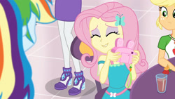 Size: 3410x1920 | Tagged: safe, screencap, applejack, fluttershy, rainbow dash, rarity, dashing through the mall, equestria girls, equestria girls specials, g4, my little pony equestria girls: better together, my little pony equestria girls: holidays unwrapped, camera, clothes, cutie mark, cutie mark on clothes, eyes closed, female, geode of fauna, geode of super strength, high heels, high res, hoodie, jewelry, lip bite, magical geodes, necklace, shoes, smiling