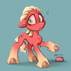 Size: 1080x1080 | Tagged: safe, artist:anoraknr, sprout cloverleaf, earth pony, pony, g5, my little pony: a new generation, chest fluff, male, red button, scared, solo, stallion, sweat, unshorn fetlocks