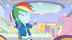 Size: 3410x1920 | Tagged: safe, screencap, fluttershy, rainbow dash, dashing through the mall, equestria girls, equestria girls specials, g4, my little pony equestria girls: better together, my little pony equestria girls: holidays unwrapped, camera, clothes, cutie mark, cutie mark on clothes, eyes closed, female, geode of super speed, hairpin, high res, hoodie, jewelry, magical geodes, necklace