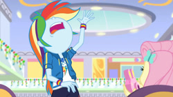 Size: 3410x1920 | Tagged: safe, screencap, fluttershy, rainbow dash, dashing through the mall, equestria girls, equestria girls specials, g4, my little pony equestria girls: better together, my little pony equestria girls: holidays unwrapped, camera, clothes, cutie mark, cutie mark on clothes, female, geode of super speed, hairpin, high res, hoodie, jewelry, magical geodes, necklace, nose in the air, open mouth