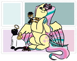 Size: 1345x1069 | Tagged: safe, artist:lieutenantcactus, fluttershy, bat, cat, pegasus, pony, snake, spider, g4, angel costume, bow, clothes, colored hooves, costume, female, hair bow, hat, mare, necktie, solo