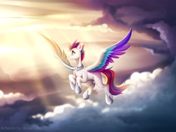 Size: 4096x3072 | Tagged: safe, artist:buvanybu, zipp storm, pegasus, pony, g5, my little pony: a new generation, spoiler:my little pony: a new generation, cloud, crepuscular rays, female, flying, high res, hoof shoes, mare, peytral, sky, smiling, solo, spread wings, sunshine, wings