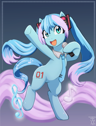 Size: 1706x2237 | Tagged: safe, artist:digiral, earth pony, pony, anime, bipedal, female, hatsune miku, headphones, mare, microphone, music notes, necktie, ponified, solo, vocaloid