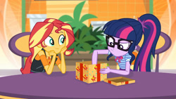 Size: 3410x1920 | Tagged: safe, screencap, sci-twi, sunset shimmer, twilight sparkle, dashing through the mall, equestria girls, equestria girls specials, g4, my little pony equestria girls: better together, my little pony equestria girls: holidays unwrapped, clothes, cutie mark, cutie mark on clothes, female, geode of empathy, geode of telekinesis, glasses, high res, jacket, jewelry, leather, leather jacket, magical geodes, necklace, ponytail, smiling