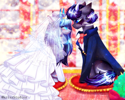 Size: 4000x3179 | Tagged: safe, artist:krissstudios, oc, oc only, pony, clothes, dress, female, horns, male, mare, shipping, stallion, straight, suit, wedding dress