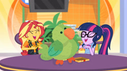 Size: 3410x1920 | Tagged: safe, screencap, sci-twi, sunset shimmer, twilight sparkle, bird, parakeet, dashing through the mall, equestria girls, equestria girls specials, g4, my little pony equestria girls: better together, my little pony equestria girls: holidays unwrapped, clothes, cutie mark, cutie mark on clothes, eyes closed, female, geode of empathy, geode of telekinesis, glasses, high res, jacket, jewelry, laughing, leather, leather jacket, magical geodes, necklace, open mouth, ponytail
