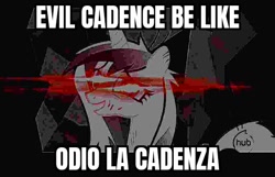 Size: 540x347 | Tagged: editor needed, safe, edit, edited screencap, screencap, princess cadance, alicorn, pony, a canterlot wedding, g4, deep fried meme, evil character be like, female, hub logo, mare, meme, solo