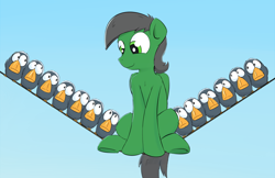 Size: 1280x830 | Tagged: safe, artist:subjectnumber2394, oc, oc only, oc:spaceking, bird, pegasus, pony, behaving like a bird, chest fluff, cute, disney, for the birds, frown, gradient background, gray mane, gray tail, green eyes, looking down, male, ocbetes, pegasus oc, pixar, power line, sitting, smiling, stallion, tail, this will not end well, underhoof, wide eyes, worried