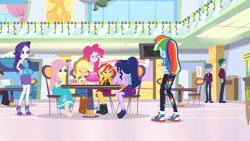Size: 3410x1920 | Tagged: safe, screencap, applejack, fluttershy, pinkie pie, rainbow dash, rarity, sci-twi, sunset shimmer, twilight sparkle, dashing through the mall, equestria girls, equestria girls specials, g4, my little pony equestria girls: better together, my little pony equestria girls: holidays unwrapped, applejack's hat, boots, bowtie, bracelet, clothes, cowboy hat, cutie mark, cutie mark on clothes, denim skirt, eyes closed, female, geode of empathy, geode of fauna, geode of shielding, geode of sugar bombs, glasses, hat, high heels, high res, hoodie, humane five, humane seven, humane six, jacket, jewelry, leather, leather boots, leather jacket, magical geodes, male, milkshake, necklace, ponytail, rarity peplum dress, sandals, shoes, skirt, smiling, sneakers, tank top